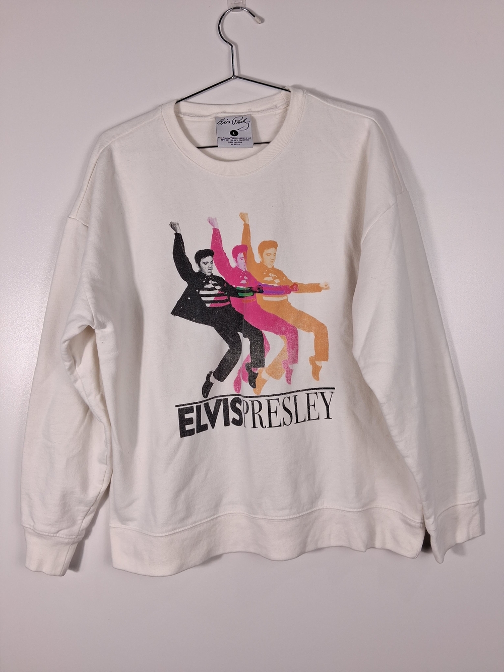 ​Elvis Presley Graphic Sweatshirt Unisex Large White Pop Art Pullover vintage